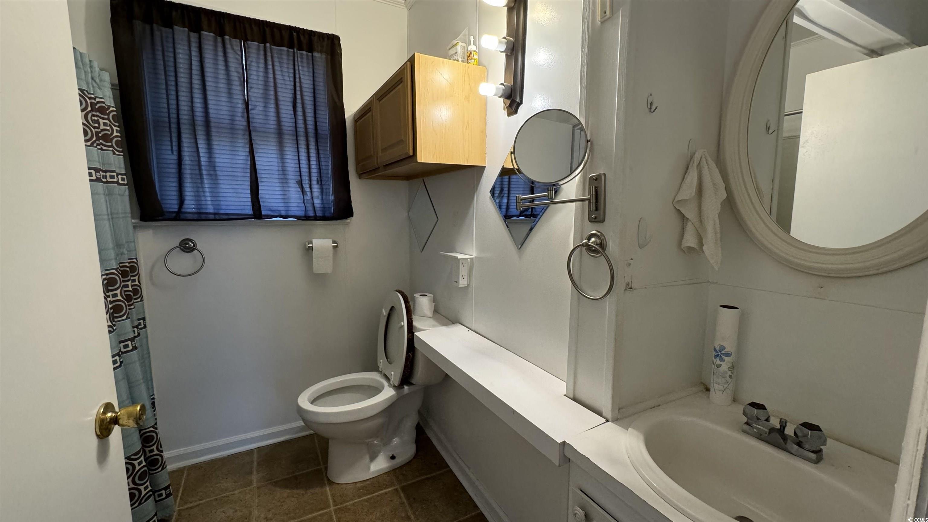 4206 Stevens Street Loris, SC 29569 - Photo 5 of 10 Bathroom with vanity, dark tile patterned flooring, and a shower with shower curtain