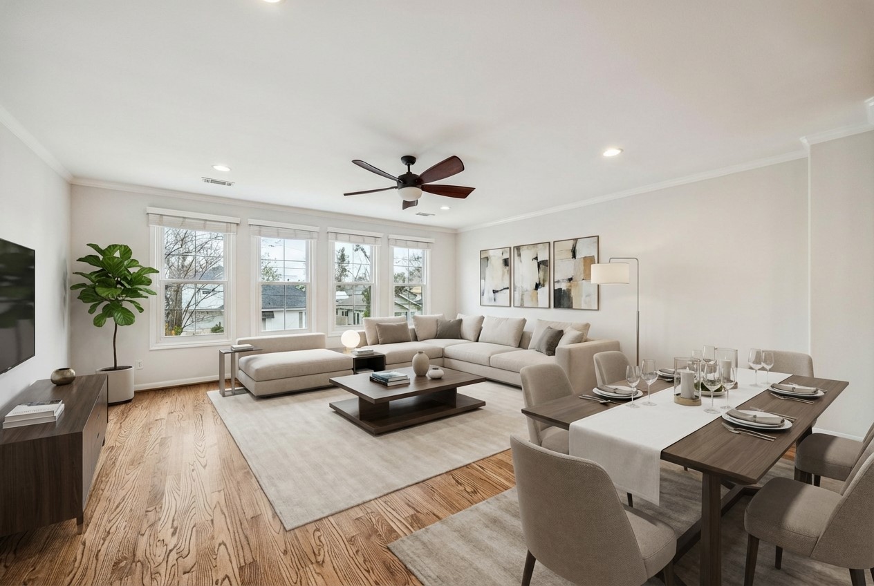 Living/Dining just off the kitchen area is spacious and bright with fresh paint and newly refinished hardwood floors *Virtually Staged