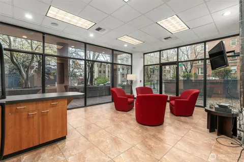 a large room with large windows
