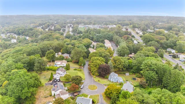 an aerial view of residential houses with outdoor space and trees