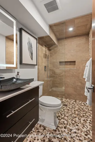 a bathroom with a sink a toilet and shower