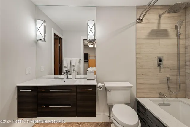 a bathroom with a sink a toilet a mirror and shower