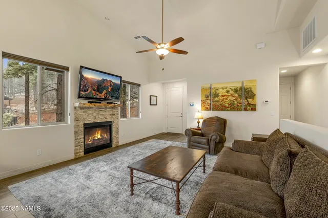 a living room with furniture a flat screen tv and a fireplace