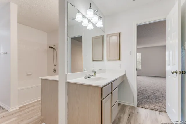 a bathroom with a sink a mirror and a shower