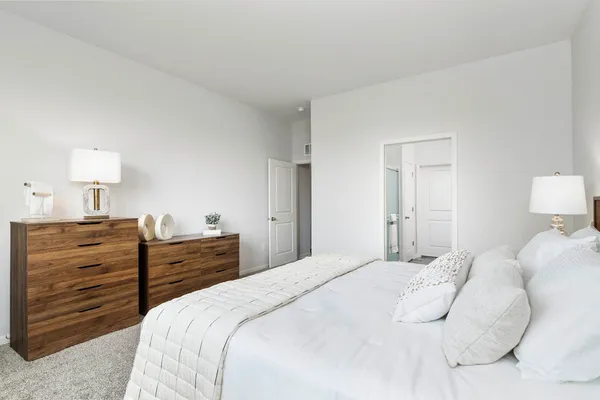 a bedroom with a bed and a closet