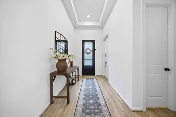 a view of a hallway with wooden floor and a potted plant