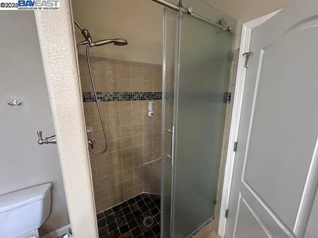 a bathroom with a shower and toilet