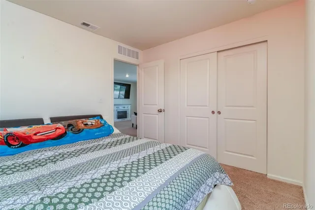 a bedroom with a bed and closet