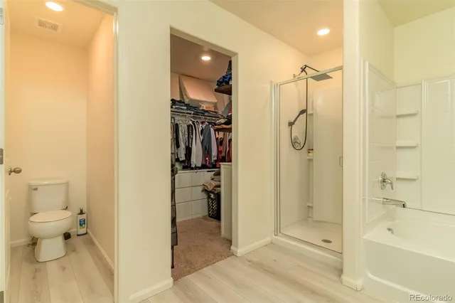 a bathroom with a shower and a toilet