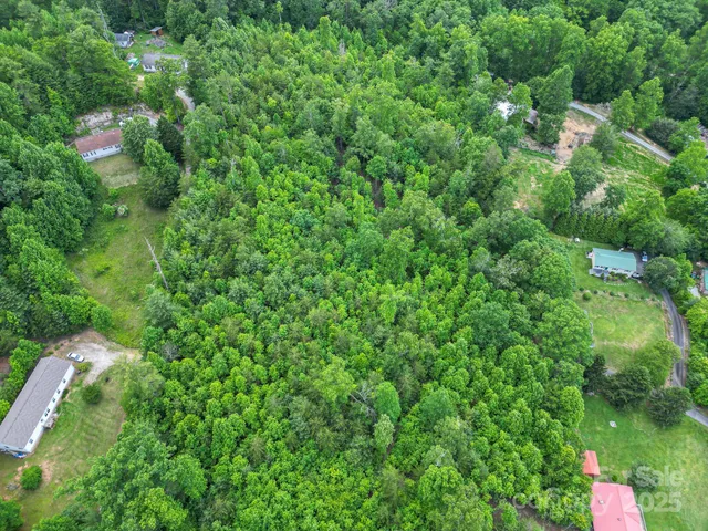 an aerial view of residential houses with outdoor space and trees