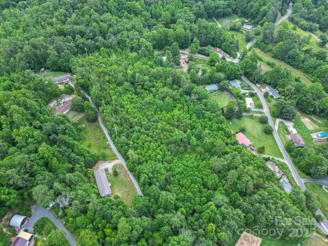 an aerial view of residential houses with outdoor space and trees