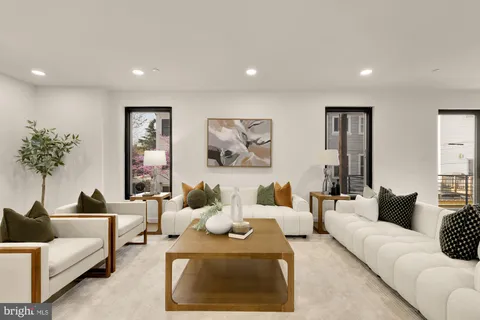 a living room with furniture and a potted plant