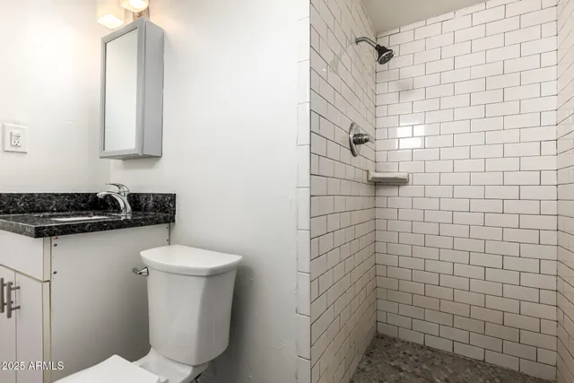 a bathroom with a granite countertop toilet sink and mirror