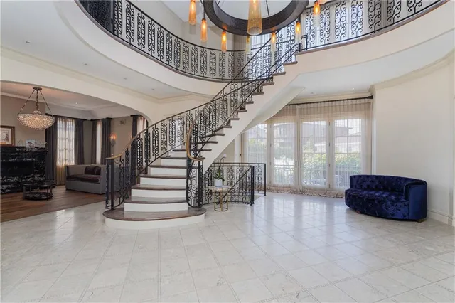 a living room with stairs