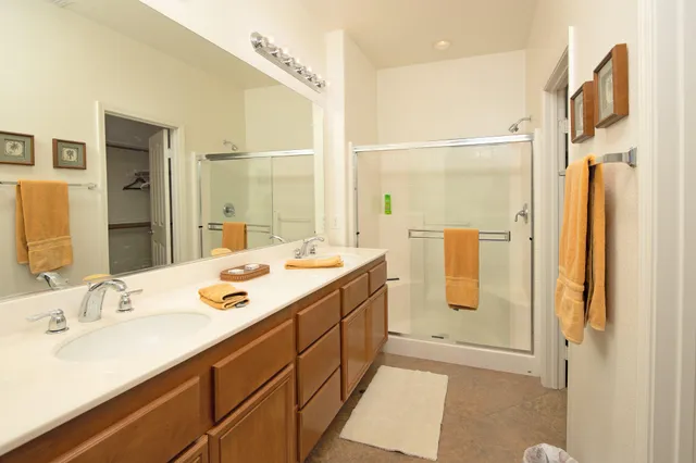 a bathroom with a double vanity sink mirror and shower