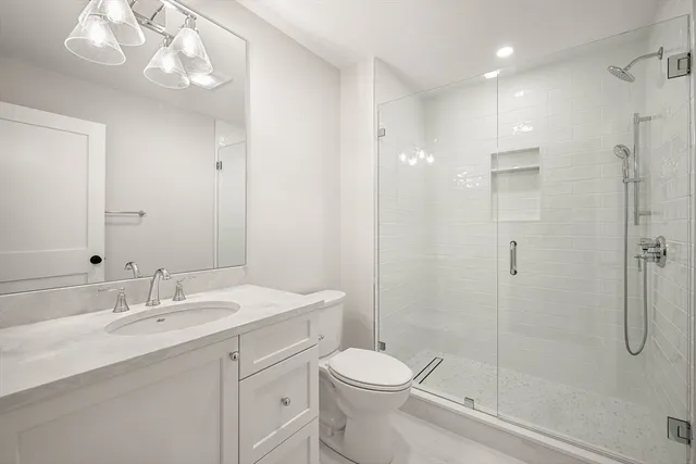 a bathroom with a sink a toilet and shower