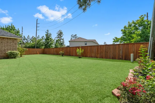a view of a backyard with potted plants and a large tree