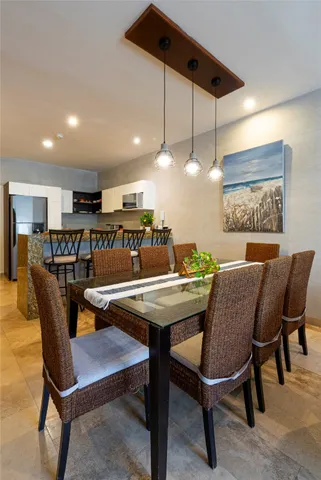 a view of a dining room with furniture
