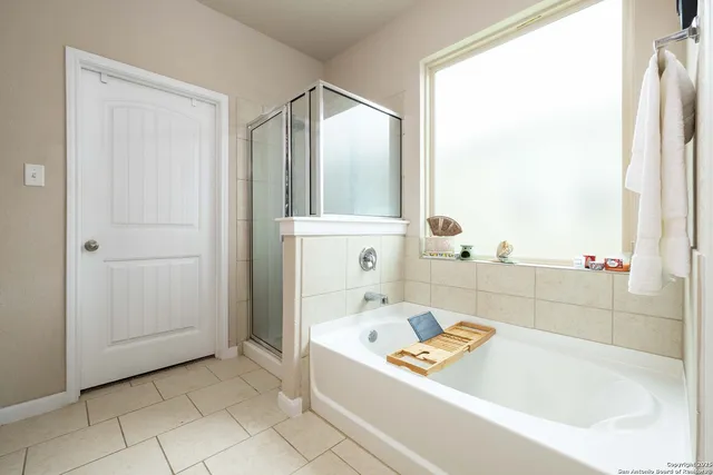 a bathroom with a bathtub and a shower