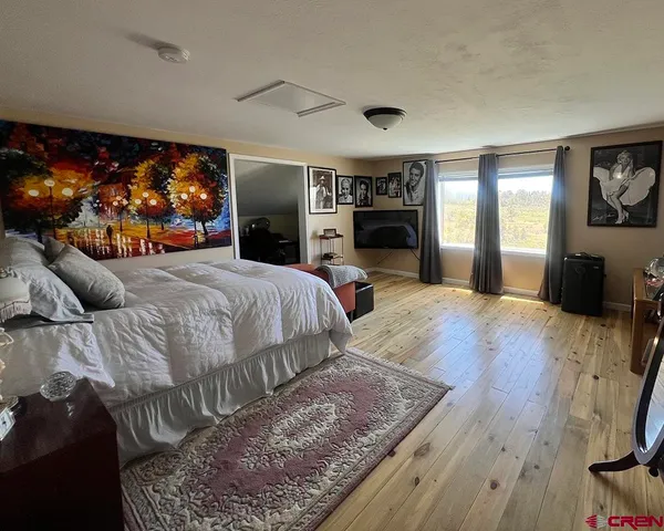 a bed room with a bed and a television