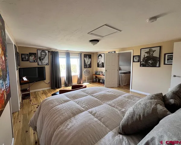 a bedroom with a bed and a television