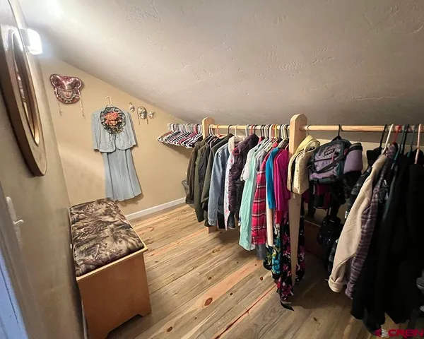 a view of walk in closet with clothes and shoes