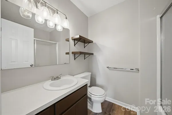 a bathroom with a sink vanity and toilet
