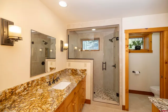a bathroom with a granite countertop sink a toilet a large mirror and a shower