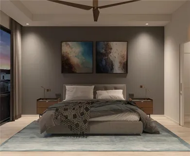 a bedroom with a bed and a couch