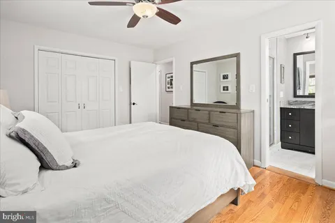 a spacious bedroom with a bed and a dresser