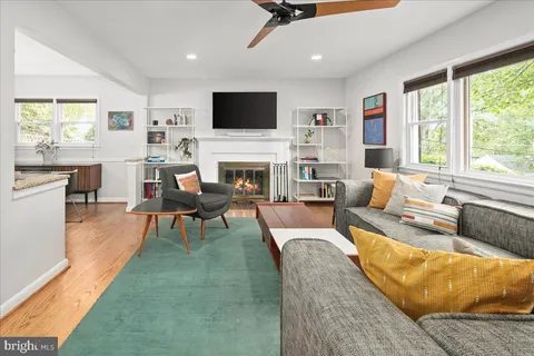 a living room with fireplace furniture and a flat screen tv