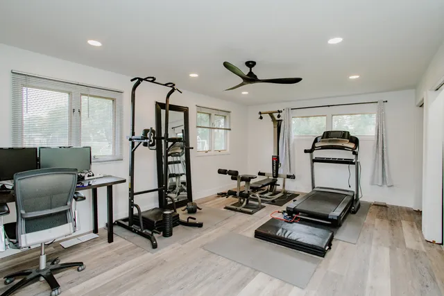 a view of a room with gym equipment