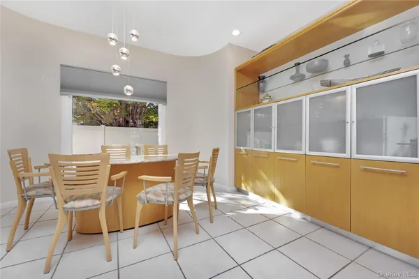 a view of a dining room with furniture