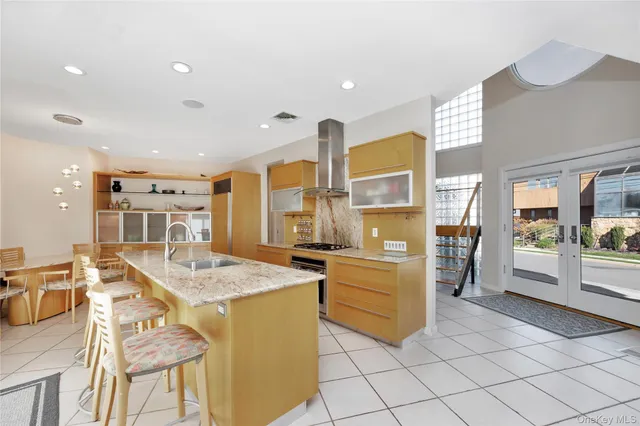 a view of a dining room with furniture