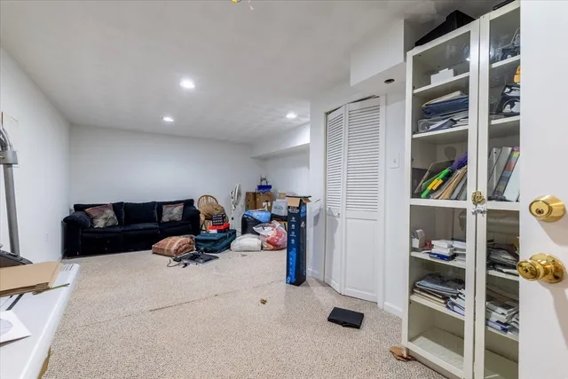 a living room with a couch and a book shelf