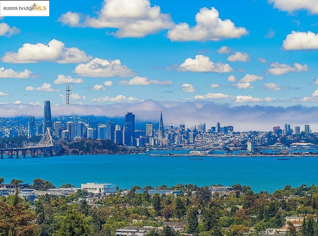 a view of a city with lots of residential buildings ocean and mountain view