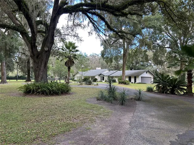 an aerial view of a house with a yard and large tree