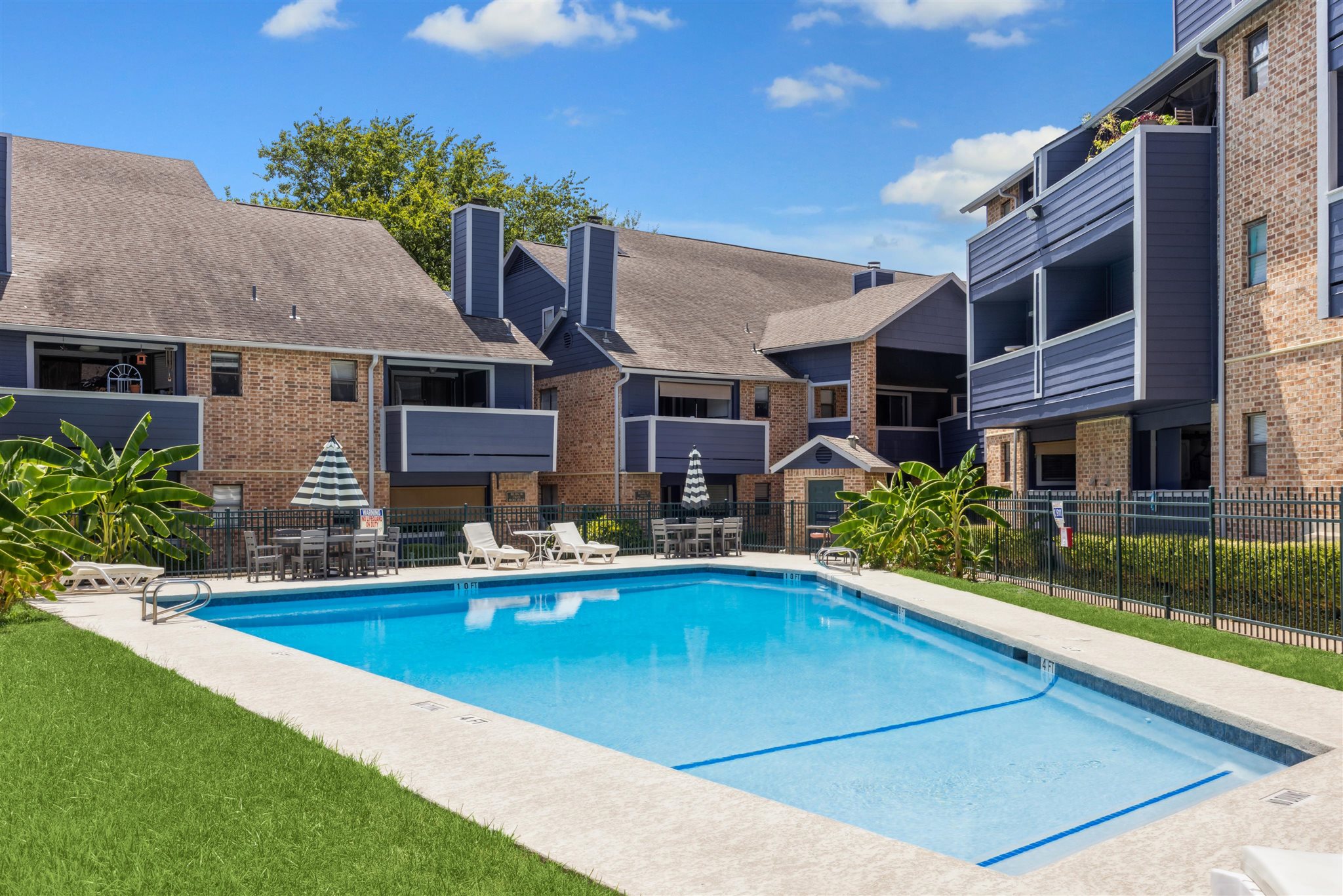 a front view of house and yard with swimming pool and trees in the background