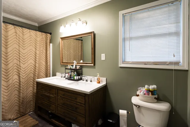 a bathroom with a sink vanity mirror and toilet