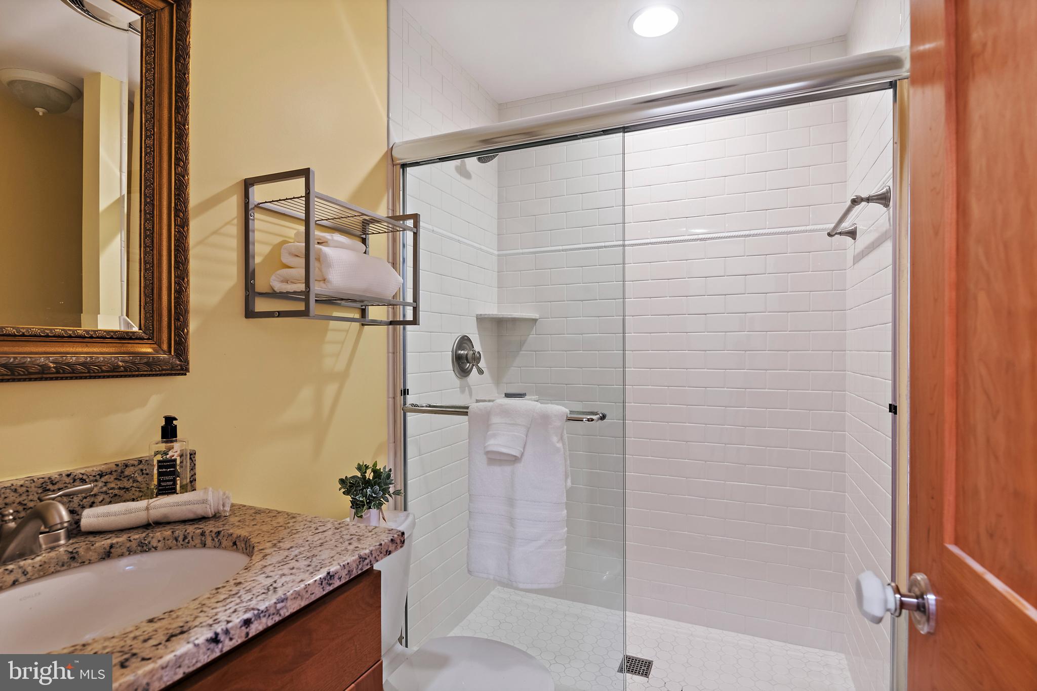 237 Hanover Street Annapolis, MD 21401 - Photo 31 of 48 a bathroom with a granite countertop shower a sink and a mirror
