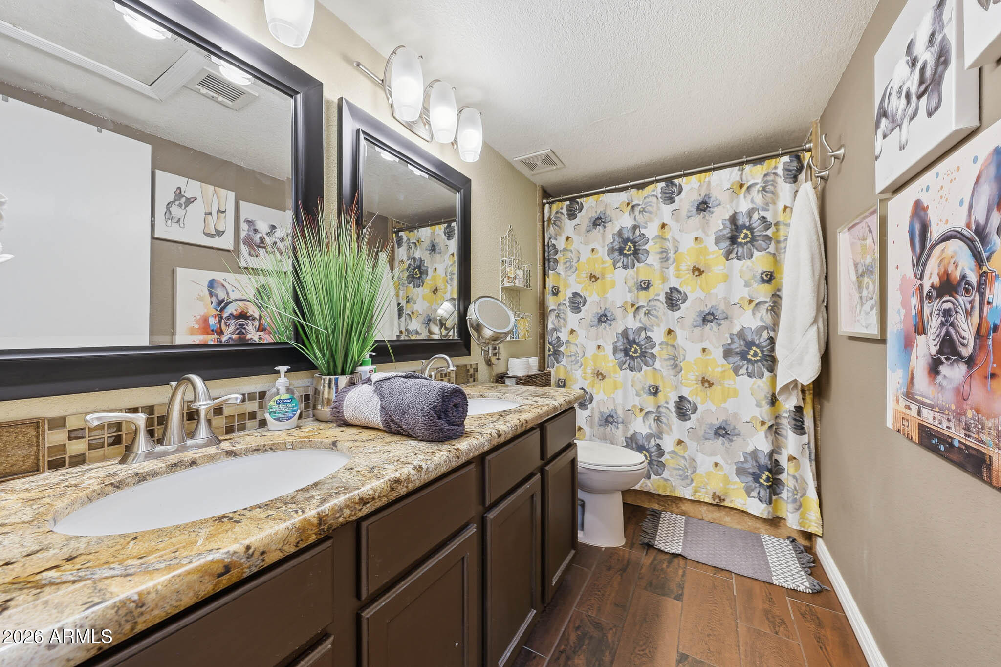 16248 West Hadley Street Goodyear, AZ 85338 - Photo 36 of 55 a bathroom with a granite countertop sink and a large mirror