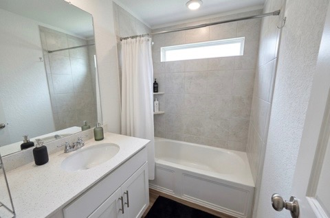 208 Wolf Springs Road Georgetown, TX 78628 - Photo 22 of 32 A well-lit bathroom features a vanity with a large mirror and a tiled bath with a privacy window.