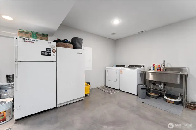 a garage with furniture and toys