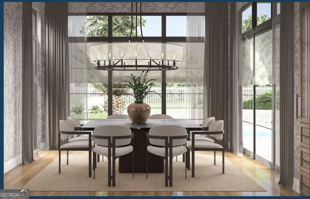 a view of a dining room with furniture window and outside view