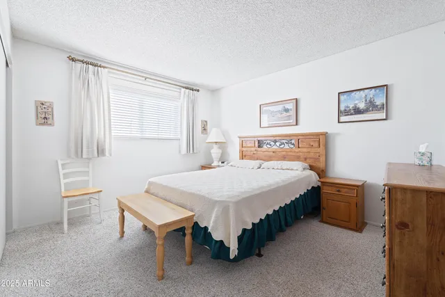 a spacious bedroom with a bed and a dresser