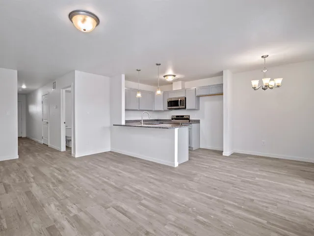 a view of kitchen with granite countertop cabinets and refrigerator