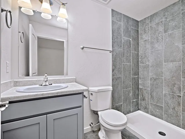 a bathroom with a sink a toilet a mirror and shower