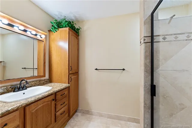 a bathroom with a granite countertop sink mirror and a shower
