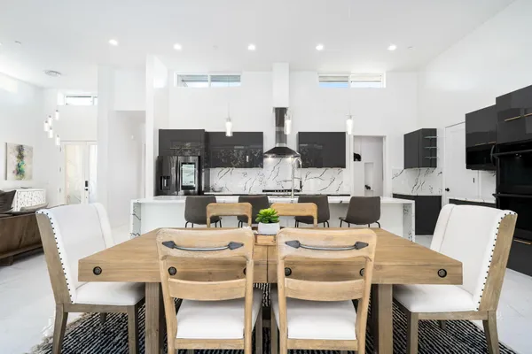 a view of a dining room with furniture