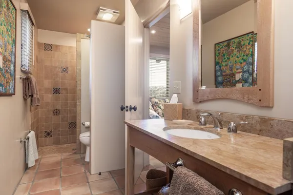 a bathroom with a granite countertop sink a mirror and a shower